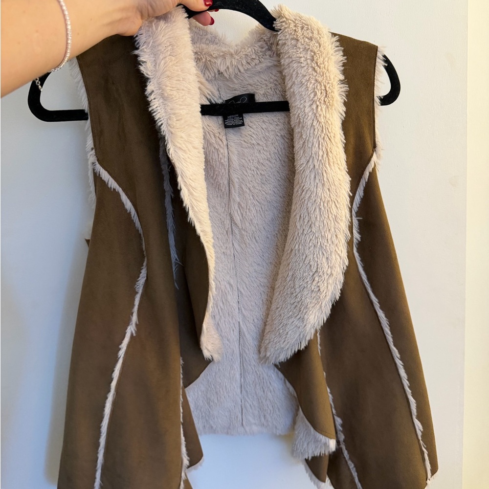 Bloomingdale's Brown Faux-Suede Vest with Cream Faux-Fur Trim